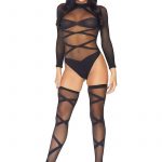 Leg Avenue Sheer Criss Cross Body Suit With Matching Thigh High 2pc - O/S - Black