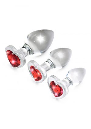 Booty Sparks Red Heart Gem Glass Plug Set 3pc - S/M/L - Red/Clear