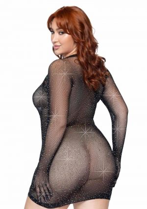 Rhinestone Fishnet Gloved Mini Dress - 1X-2X - Black