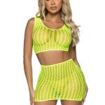 Leg Avenue Crochet Net Tank Crop Top and Mini Skirt (2 pieces) - O/S - Neon Yellow