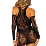 Leg Avenue Lace and Net Racer Back Mini Dress with Faux Panty Detail and Matching Gloves - O/S - Black