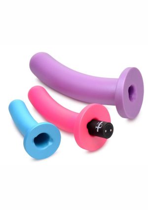 Strap U Triple Peg 28X Vibrating Rechargeable Silicone Dildo Set with Remote Control - Multicolor