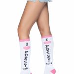 Leg Avenue Pussycat Knee Highs - O/S - White/Pink