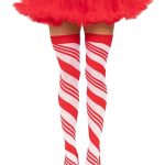 Spandex Sheer Candy Cane Striped Thigh Highs - O/S - Red/White