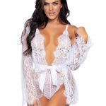 Leg Avenue Floral Lace Teddy with Adjustable Straps and Cheeky Thong Back Matching Lace Robe with Scalloped Trim and Satin Tie - Small - White