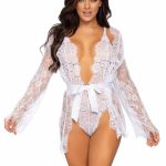 Leg Avenue Floral Lace Teddy with Adjustable Straps and Cheeky Thong Back Matching Lace Robe with Scalloped Trim and Satin Tie - Large - White