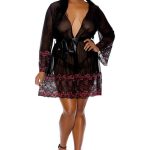 Barely Bare Lace Trim Sheer Robe - Plus Size - Black