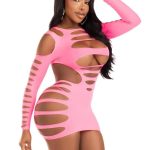 Leg Avenue Opaque Shredded Cut-Out Mini Dress - O/S - Neon Pink