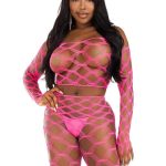 Leg Avenue Hardcore Net Crop Top and Footless Tights (2 Piece) - O/S - Neon Pink