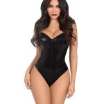 Leg Avenue Sequin Boned Snap Crotch Bodysuit with Detachable Clear Strap (2 Piece) - Small - Black