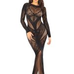 Leg Avenue Lace and Net Body Con Gown with Heart Keyhole Detail - OS - Black