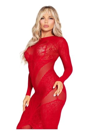 Leg Avenue Lace and Net Body Con Gown with Heart Keyhole Detail - OS - Red